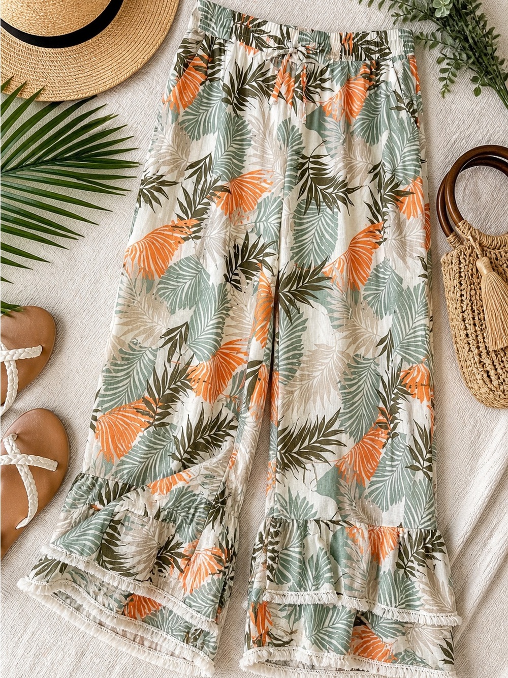 Cato Tropical Leaf Wide Leg Pant 14W Boho Resort Beach Vacation Linen Blend